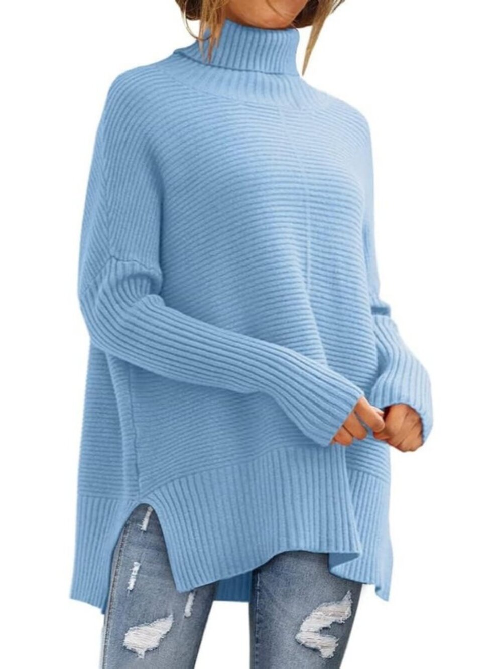 Women's Blue Oversized Roll Neck Turtleneck Tops Fashion Pullover Tunic Sweater